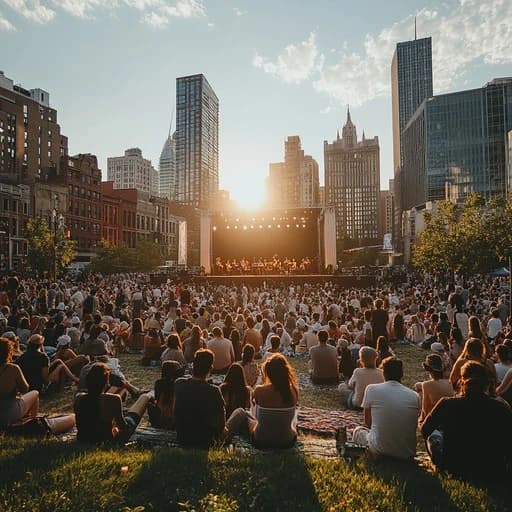 Crowd at a New York City concert venue with stage lights and skyline vibes